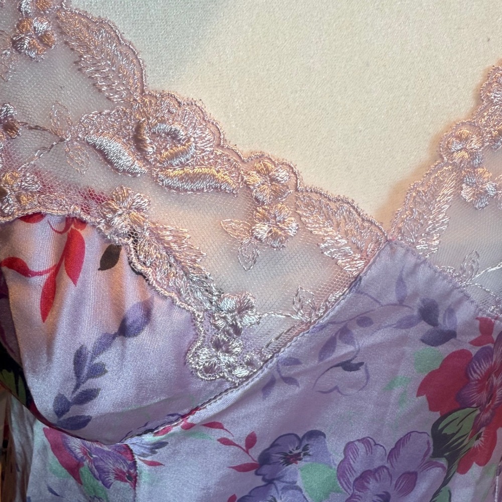 Victorias Secret Purple Floral Satin Lace Trim Slip Dress Chemise Medium - Picture 2 of 9